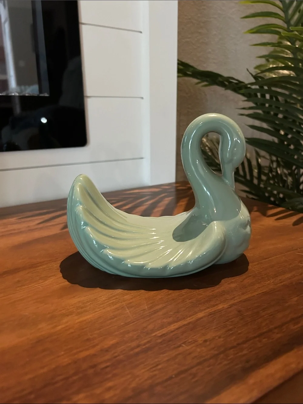 Vintage Glossy Teal Ceramic Swan Figurine Accent